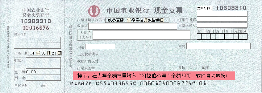中国农业银行现金支票打印模版 