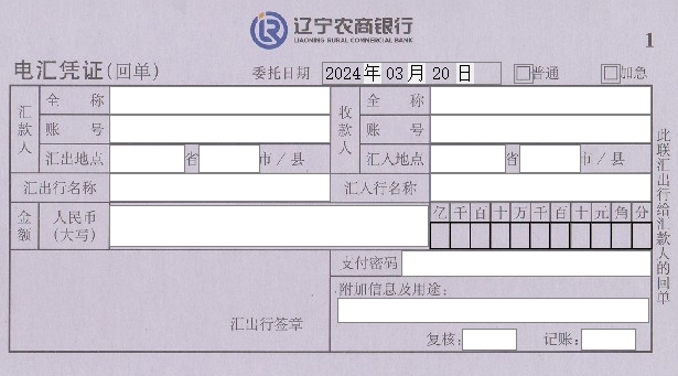 收录辽宁农商银行电汇凭证