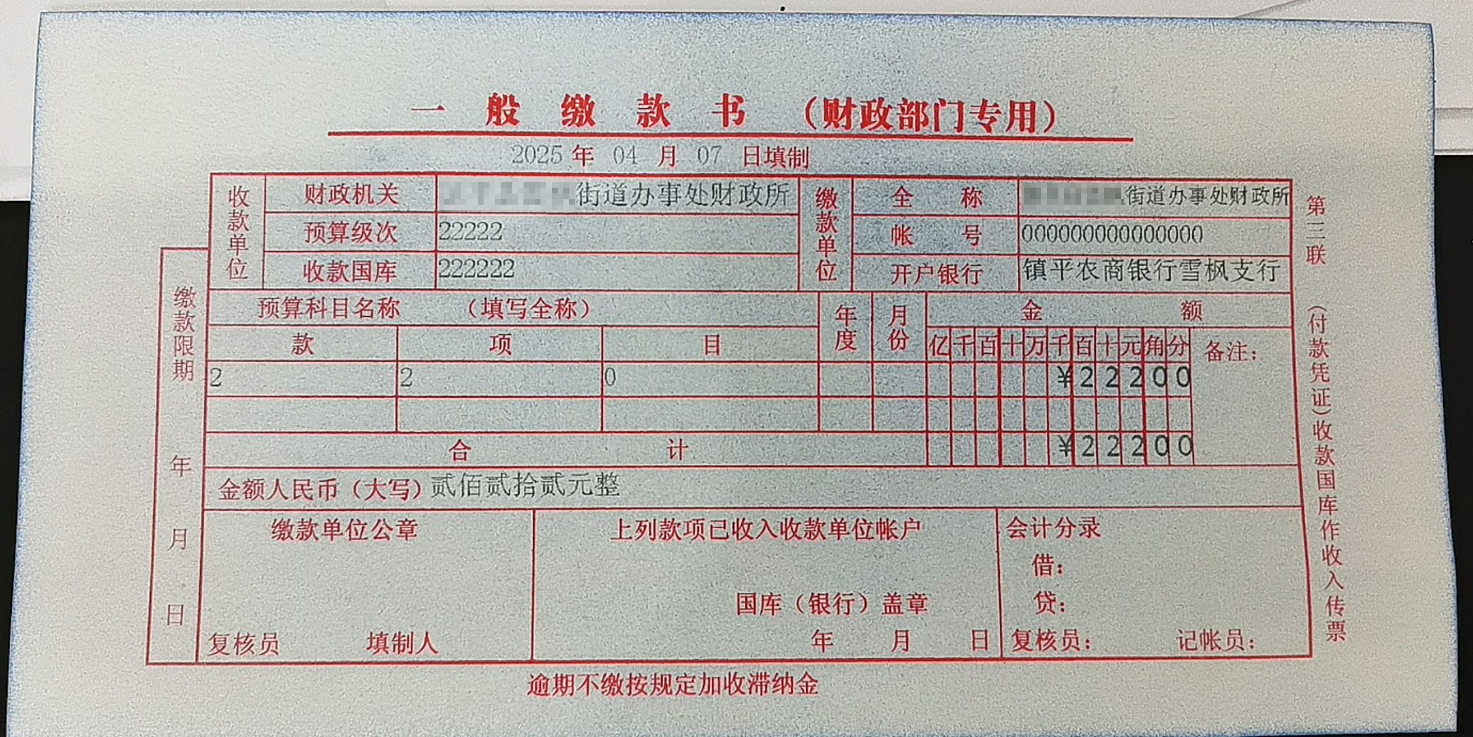 一般缴款书（财政部门专用）打印样张